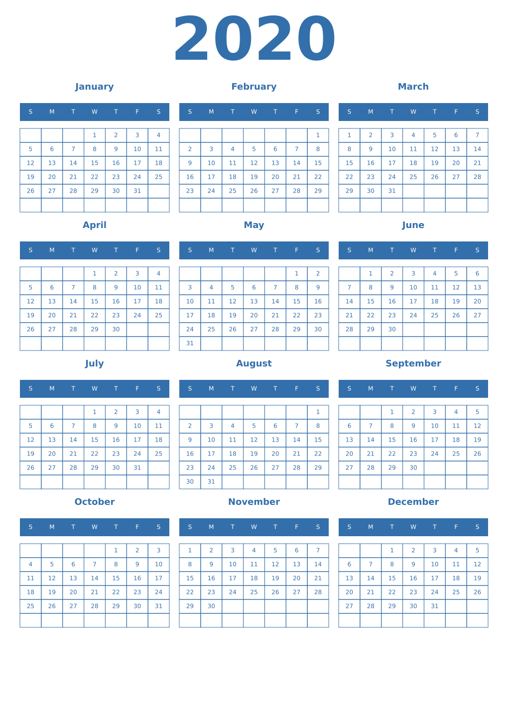 Printable 2020 Year Calendars blue