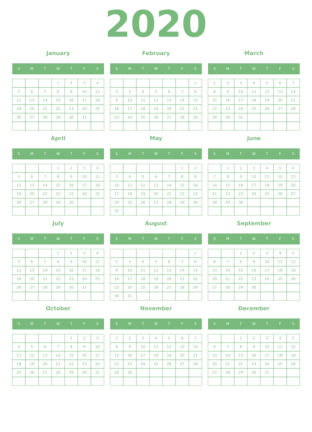 Printable 2020 Year Calendars celadon