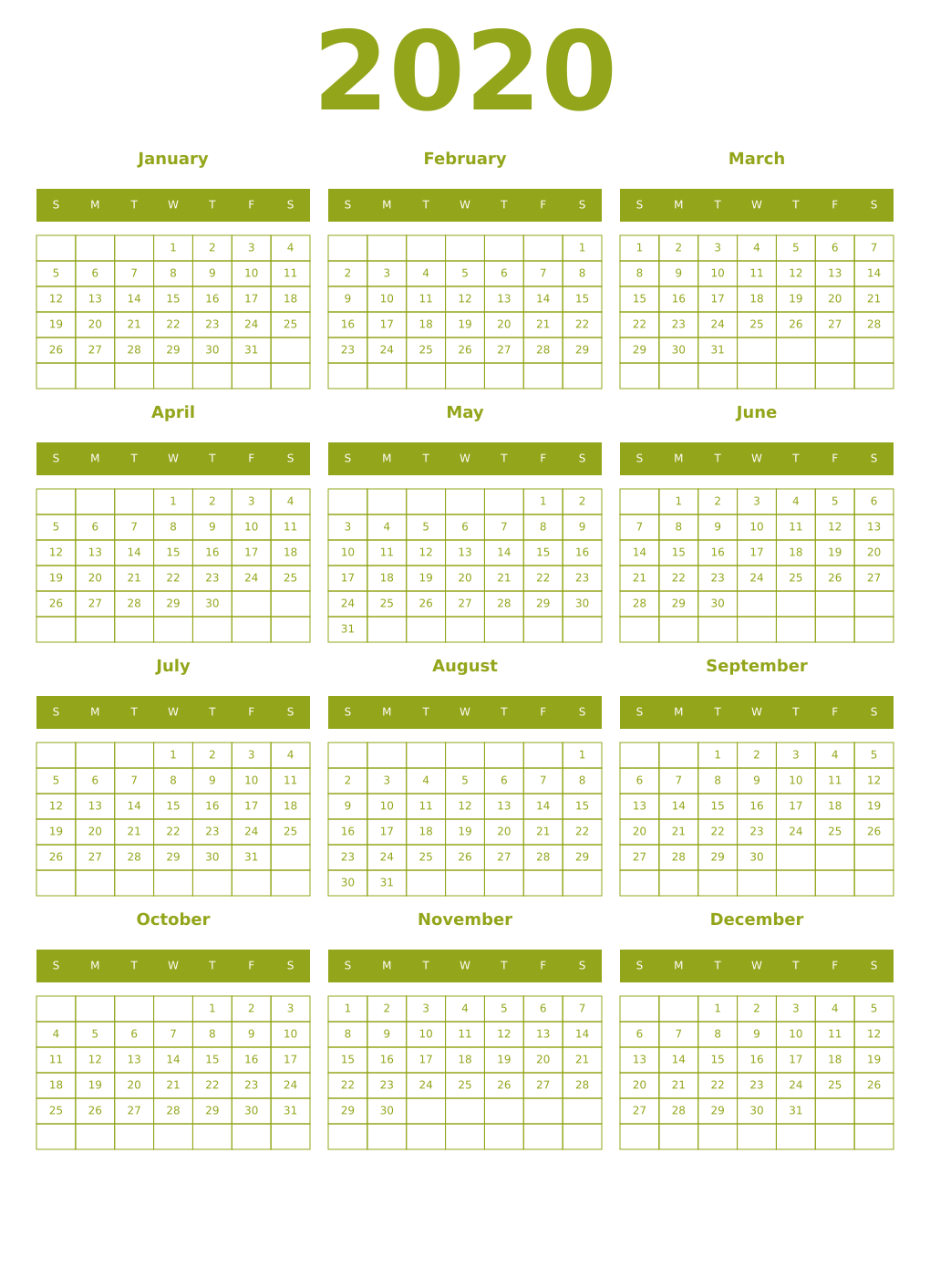 Printable 2020 Year Calendars chartreuse