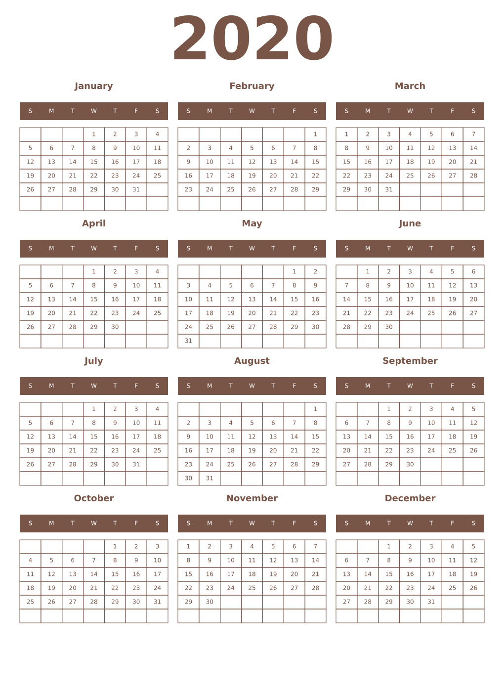 Printable 2020 Year Calendars coffe