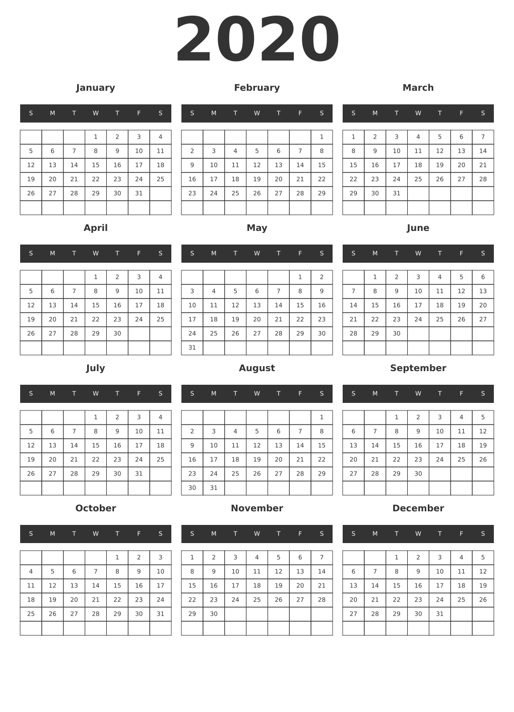 Printable 2020 Year Calendars dark