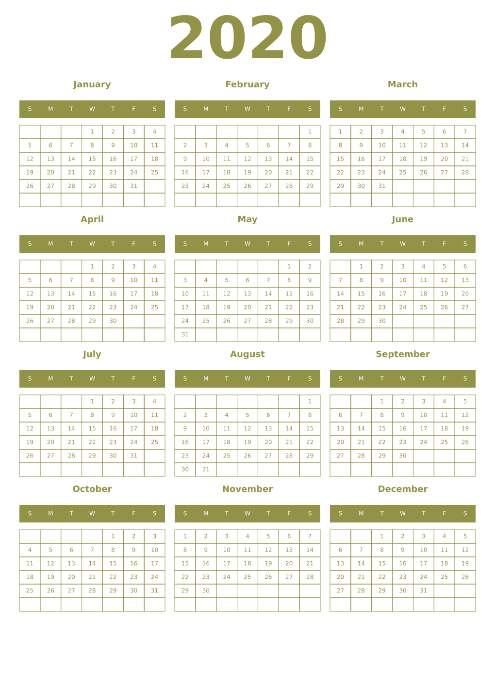 Printable 2020 Year Calendars eburnean