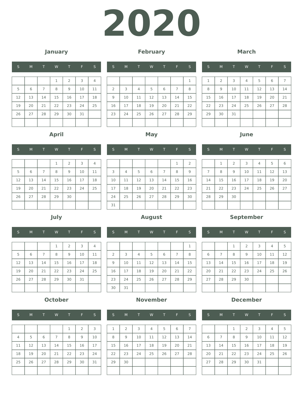 Printable 2020 Year Calendars feldgrau