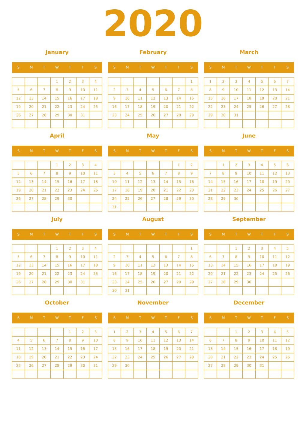 Printable 2020 Year Calendars gamboge