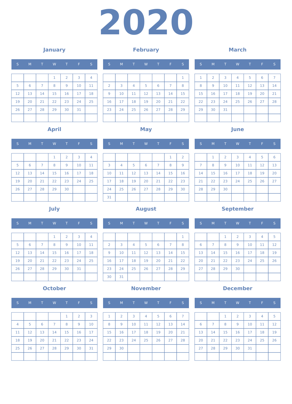 Printable 2020 Year Calendars glaucous