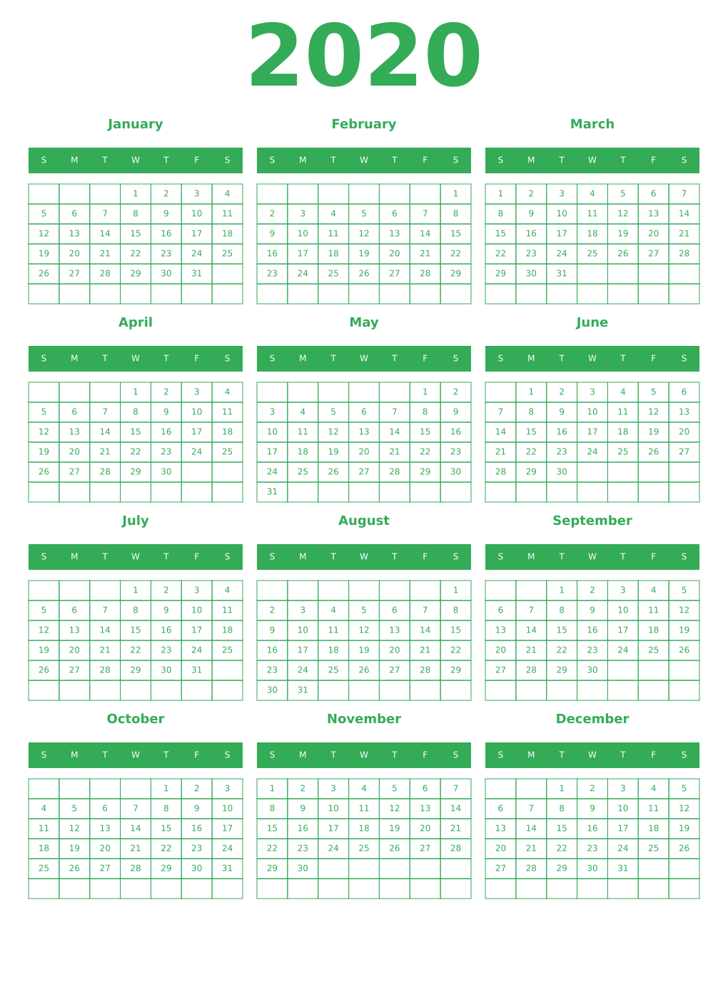 Printable 2020 Year Calendars green