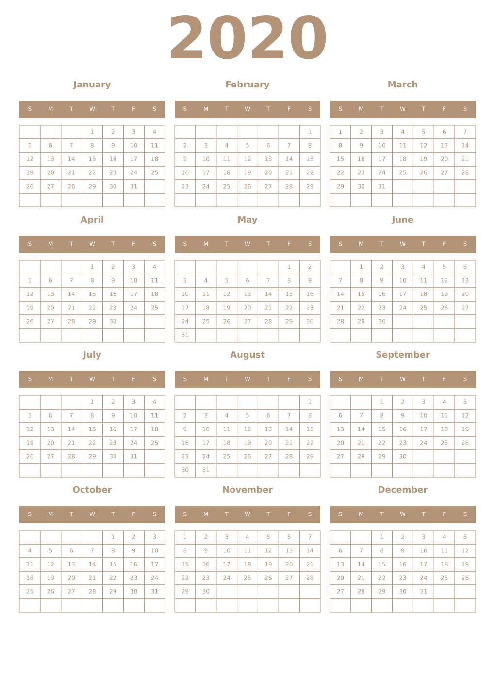 Printable 2020 Year Calendars isabelline