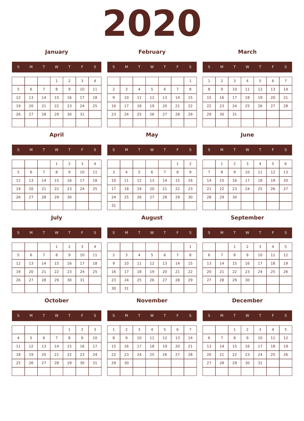 Printable 2020 Year Calendars mortuum