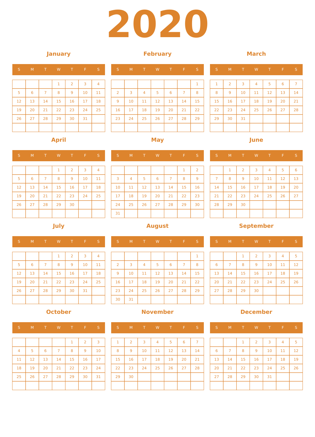 Printable 2020 Year Calendars orange