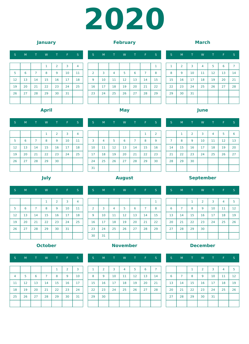 Printable 2020 Year Calendars pastel