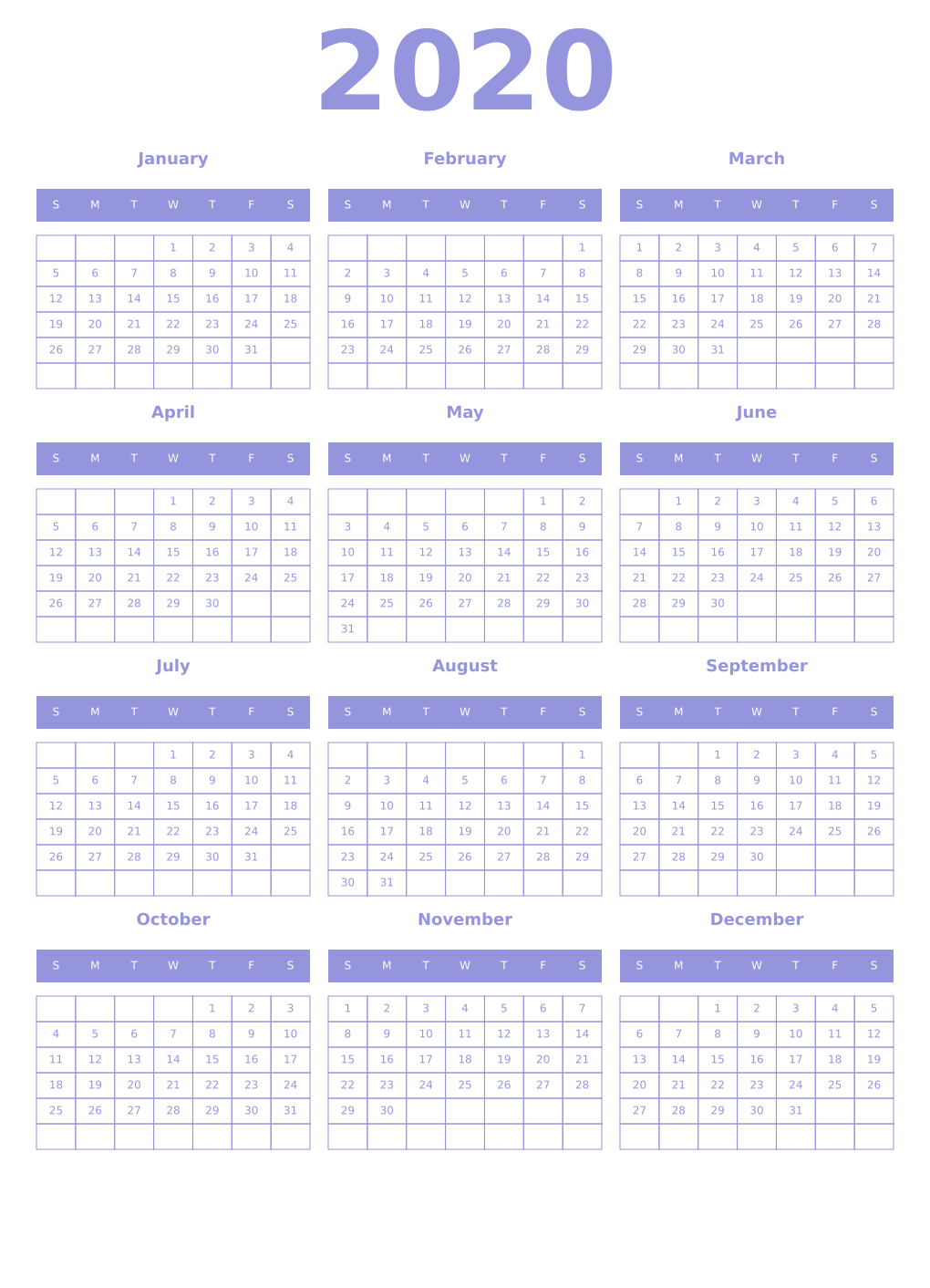 Printable 2020 Year Calendars periwinkle