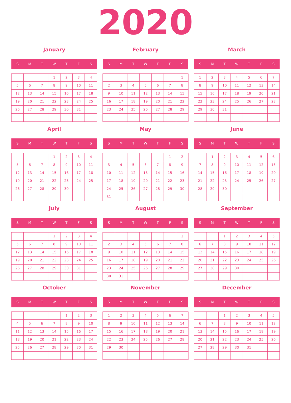 Printable 2020 Year Calendars pink
