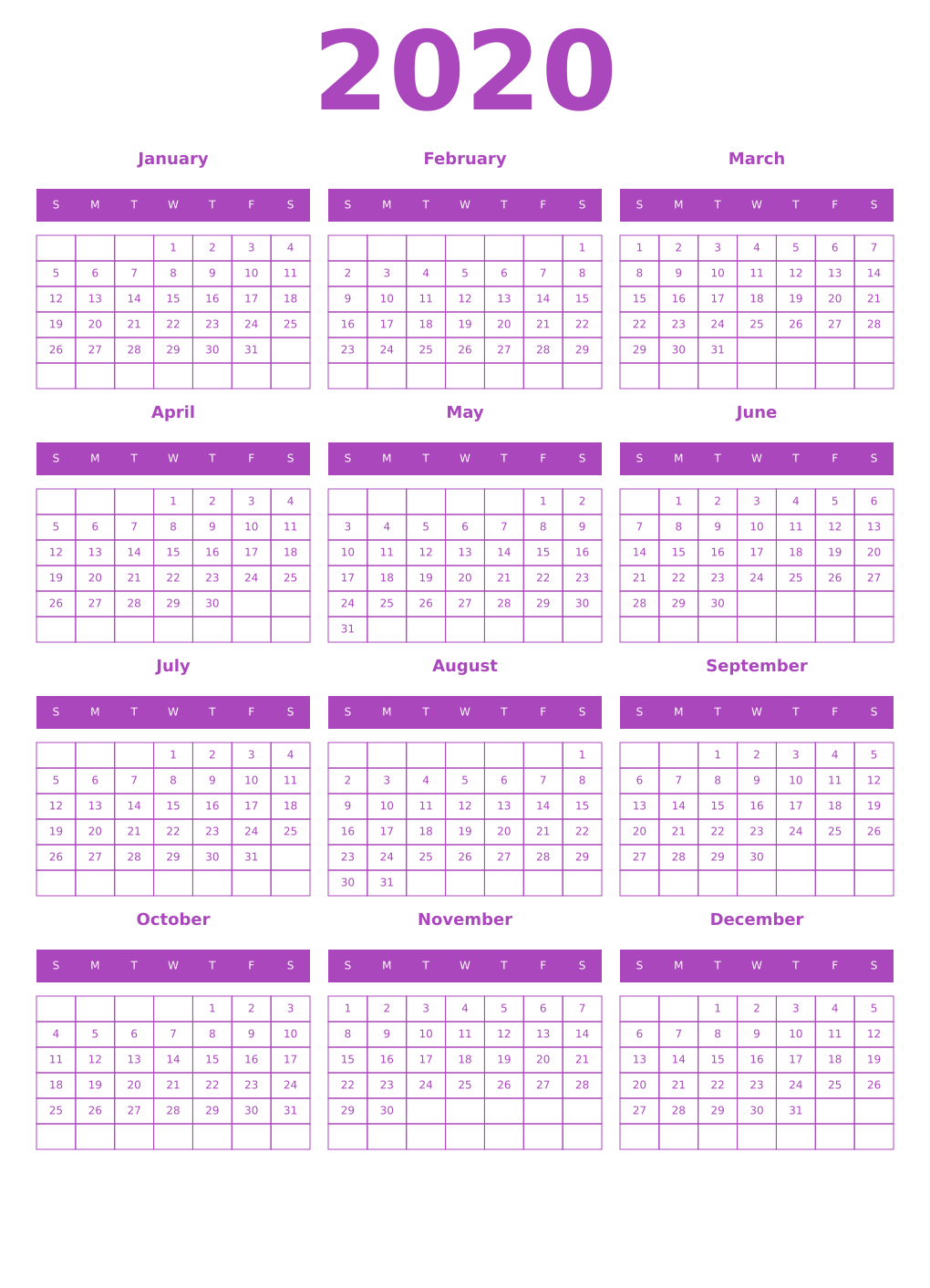 Printable 2020 Year Calendars purple