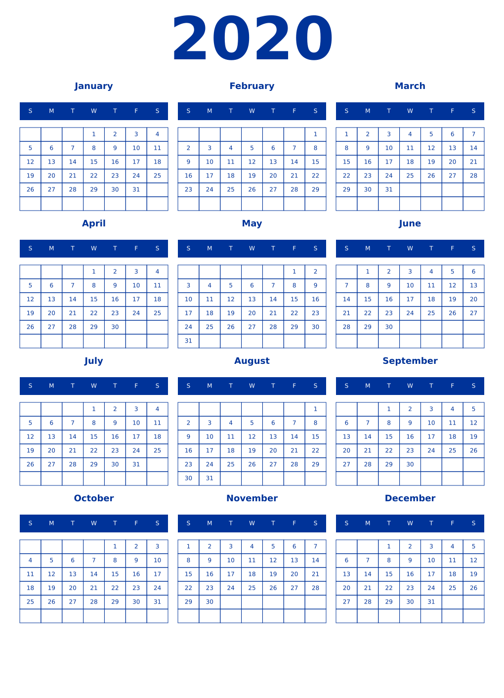Printable 2020 Year Calendars smalt