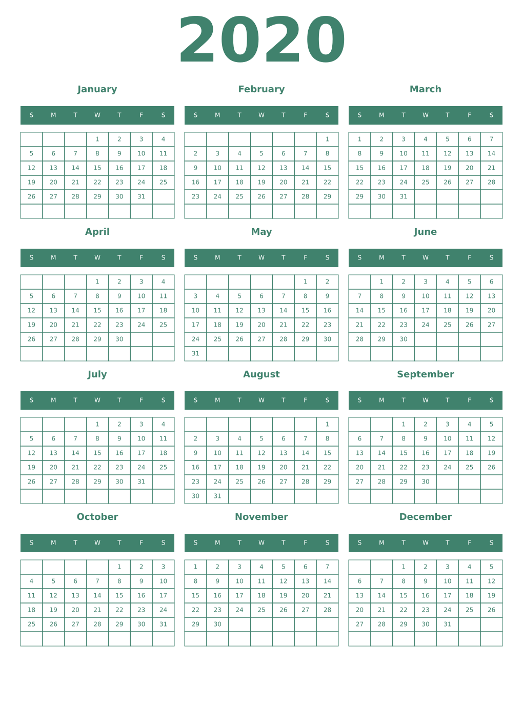 Printable 2020 Year Calendars viridian
