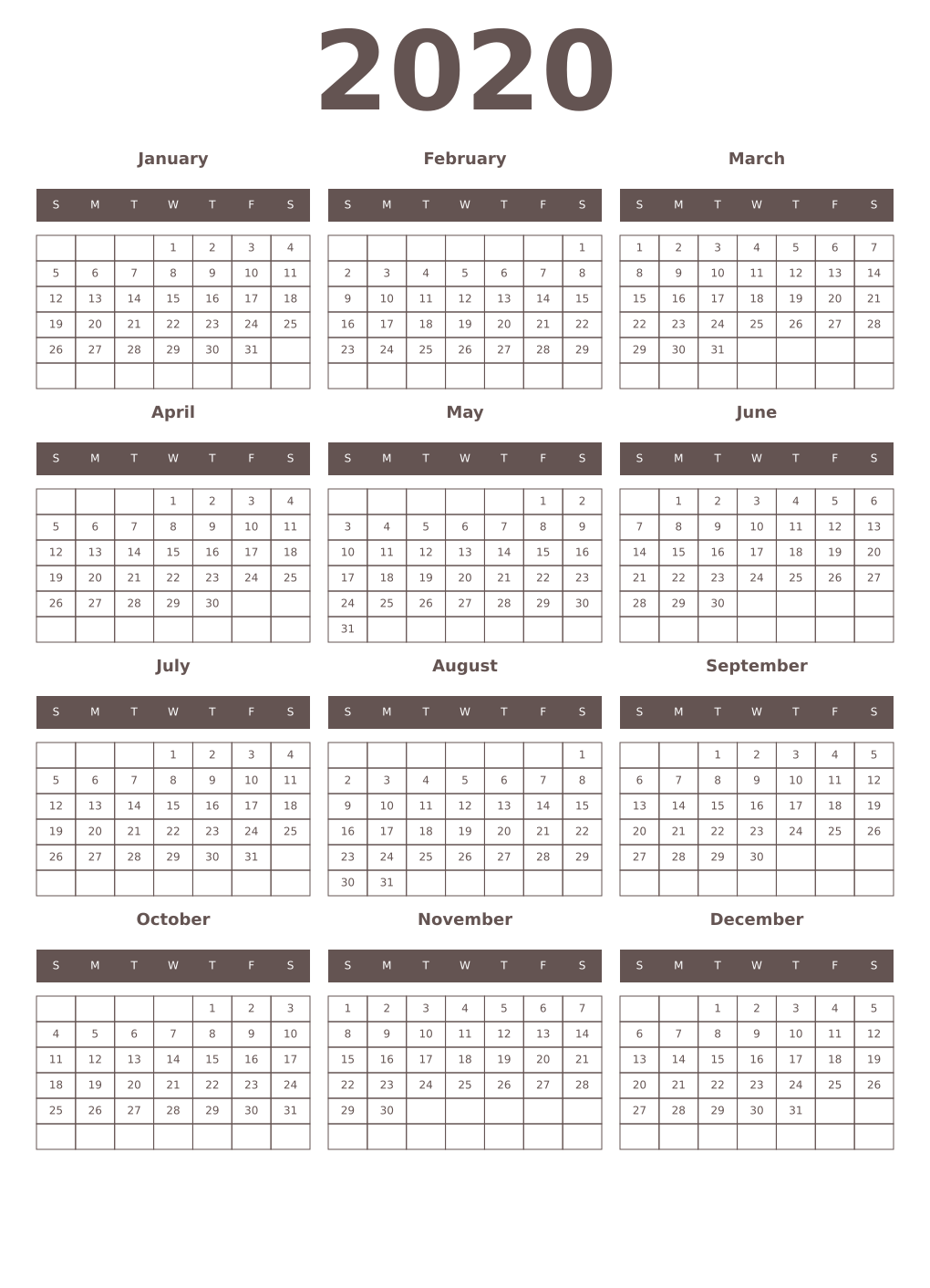 Printable 2020 Year Calendars wenge