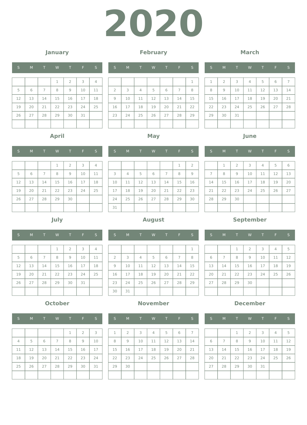 Printable 2020 Year Calendars xanadu