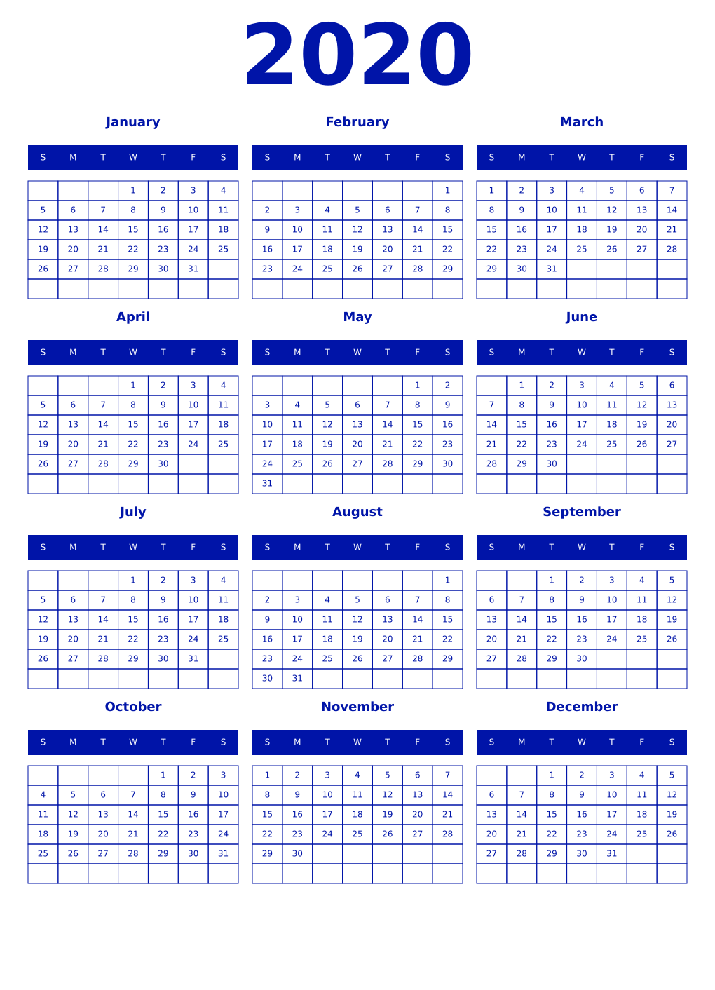 Printable 2020 Year Calendars zaffre