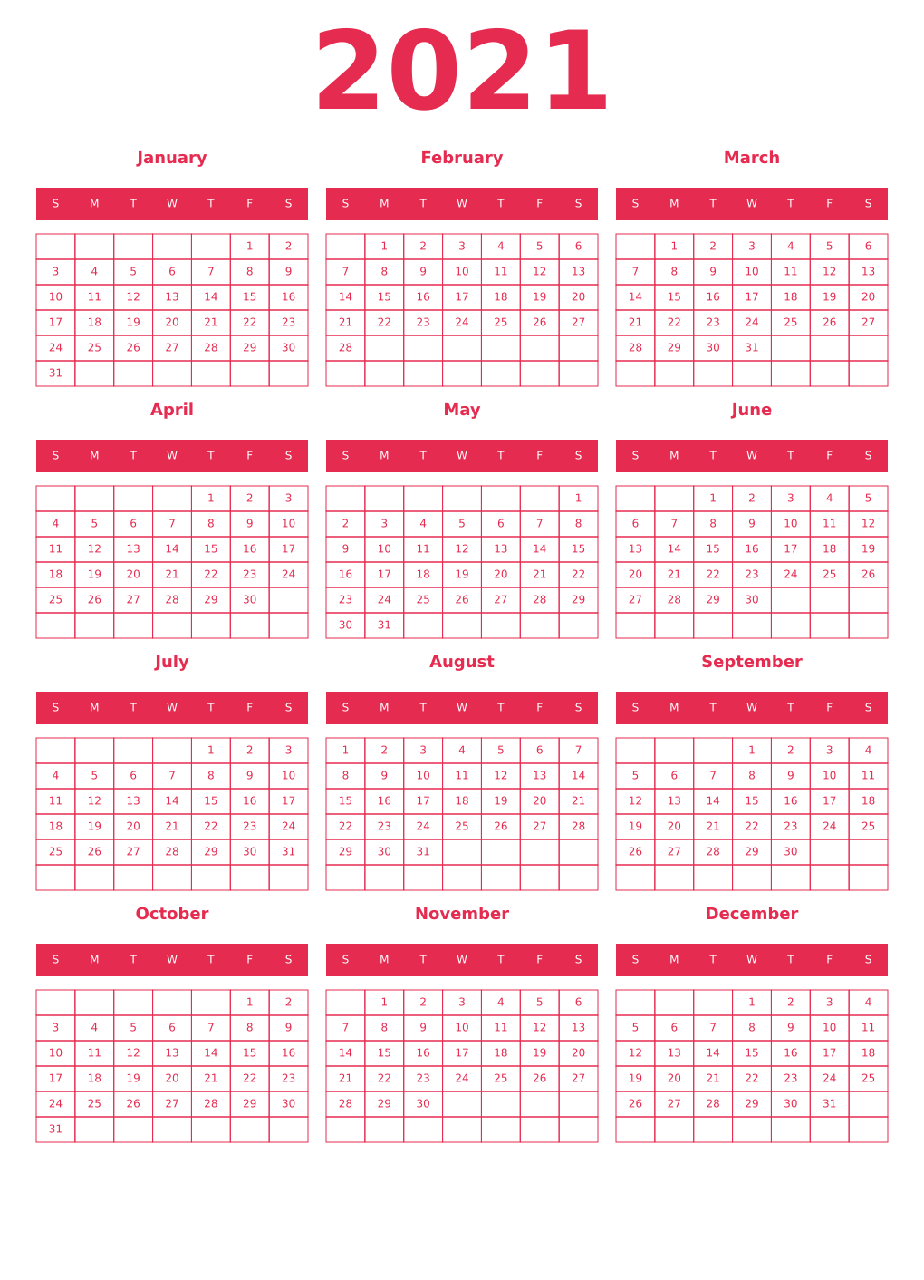 Printable 2021 Year Calendars amaranth