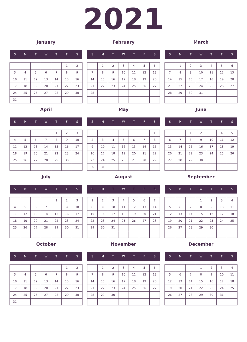 Printable 2021 Year Calendars aubergine