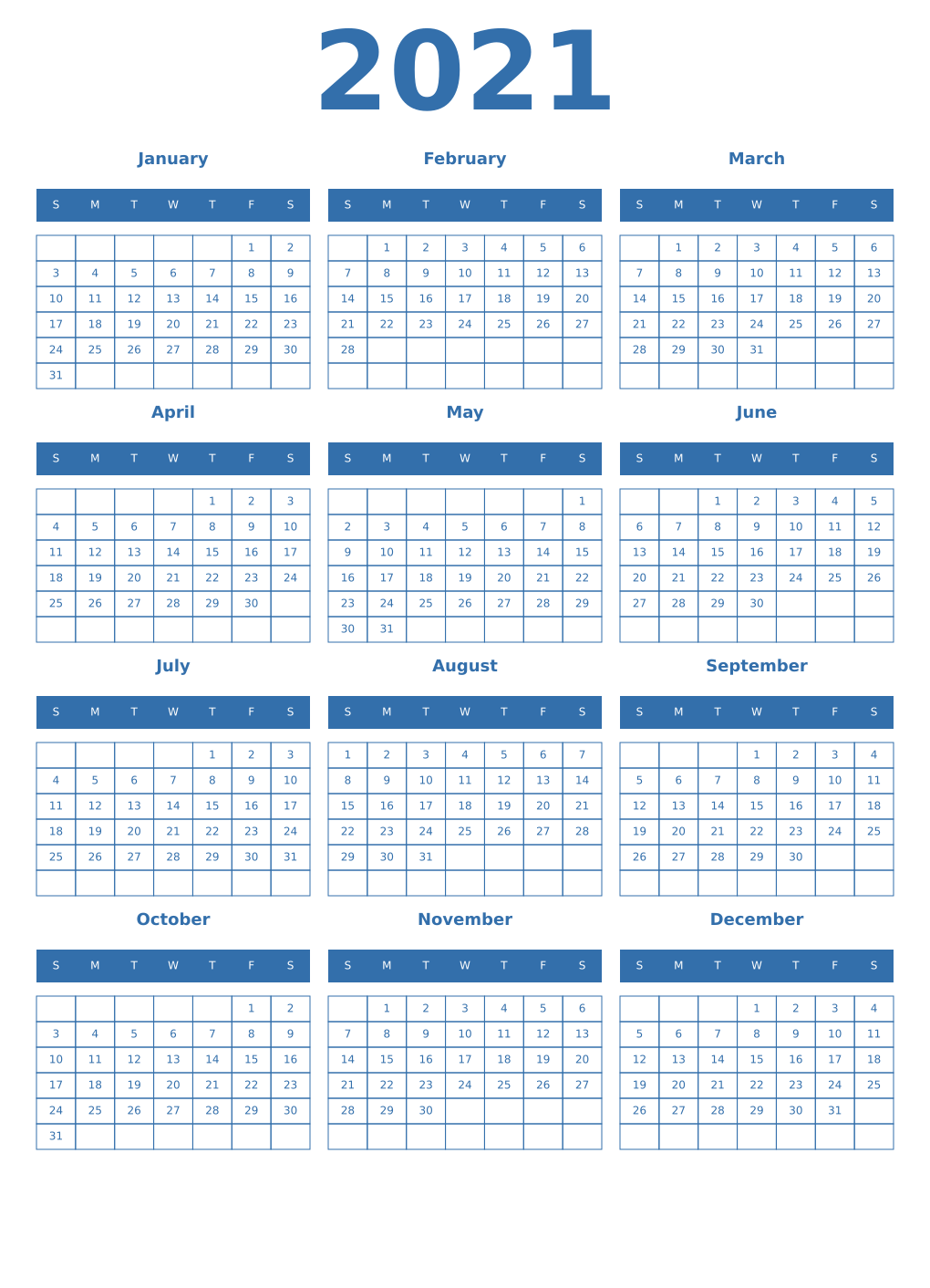 Printable 2021 Year Calendars blue