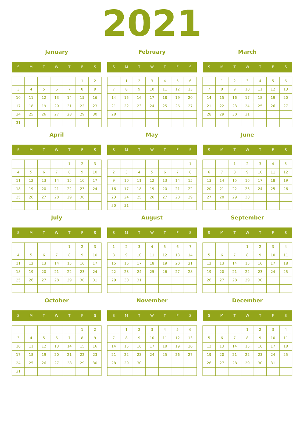 Printable 2021 Year Calendars chartreuse