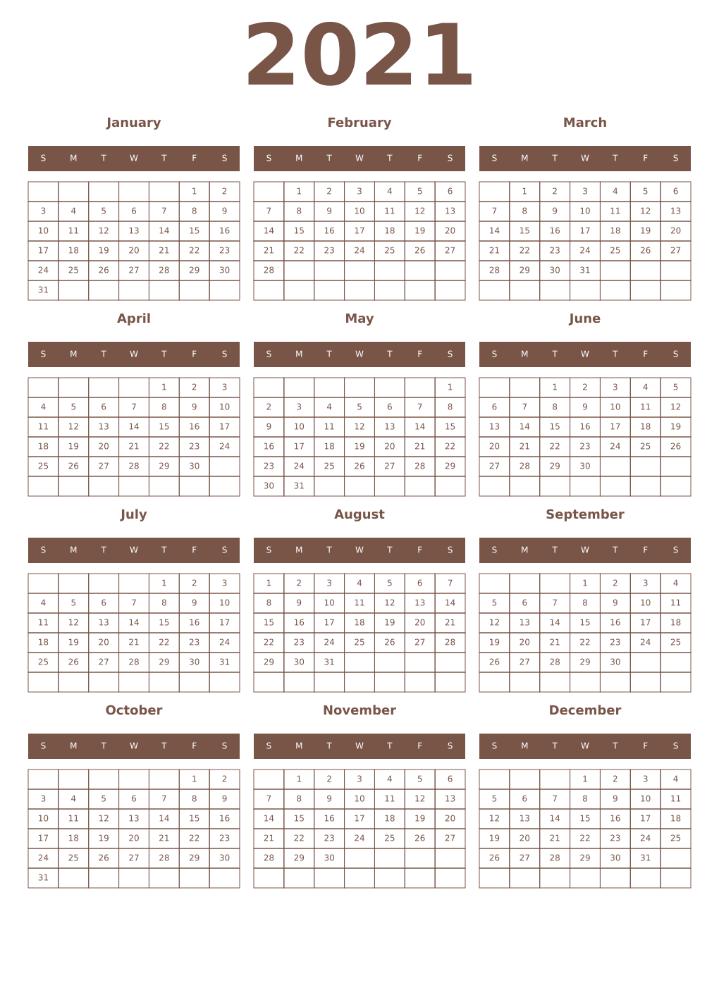 Printable 2021 Year Calendars coffe