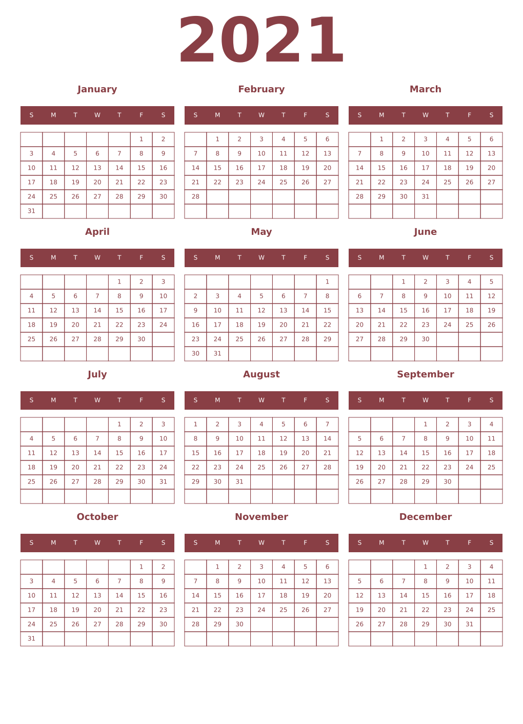 Printable 2021 Year Calendars cordovan