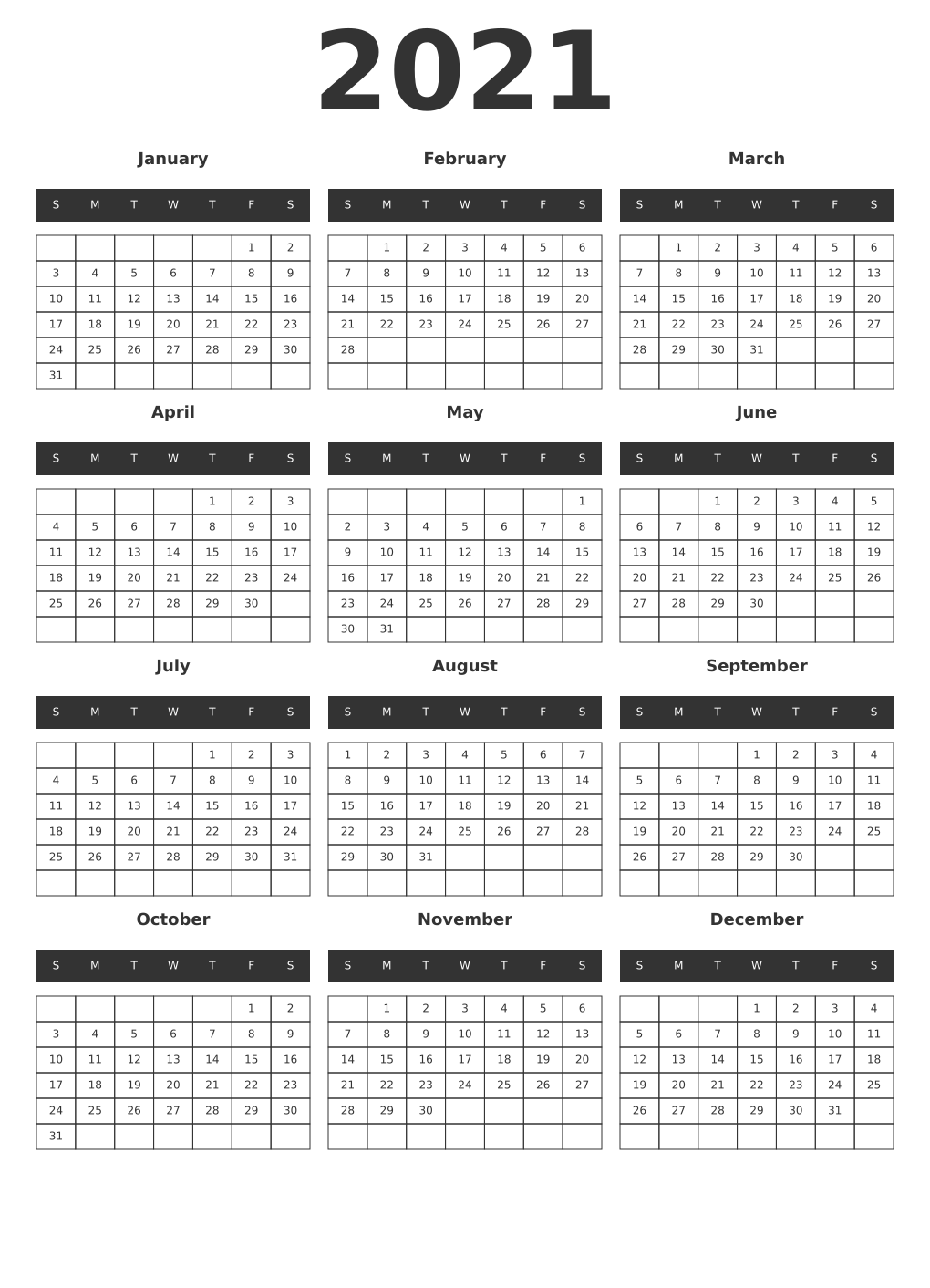 Printable 2021 Year Calendars dark
