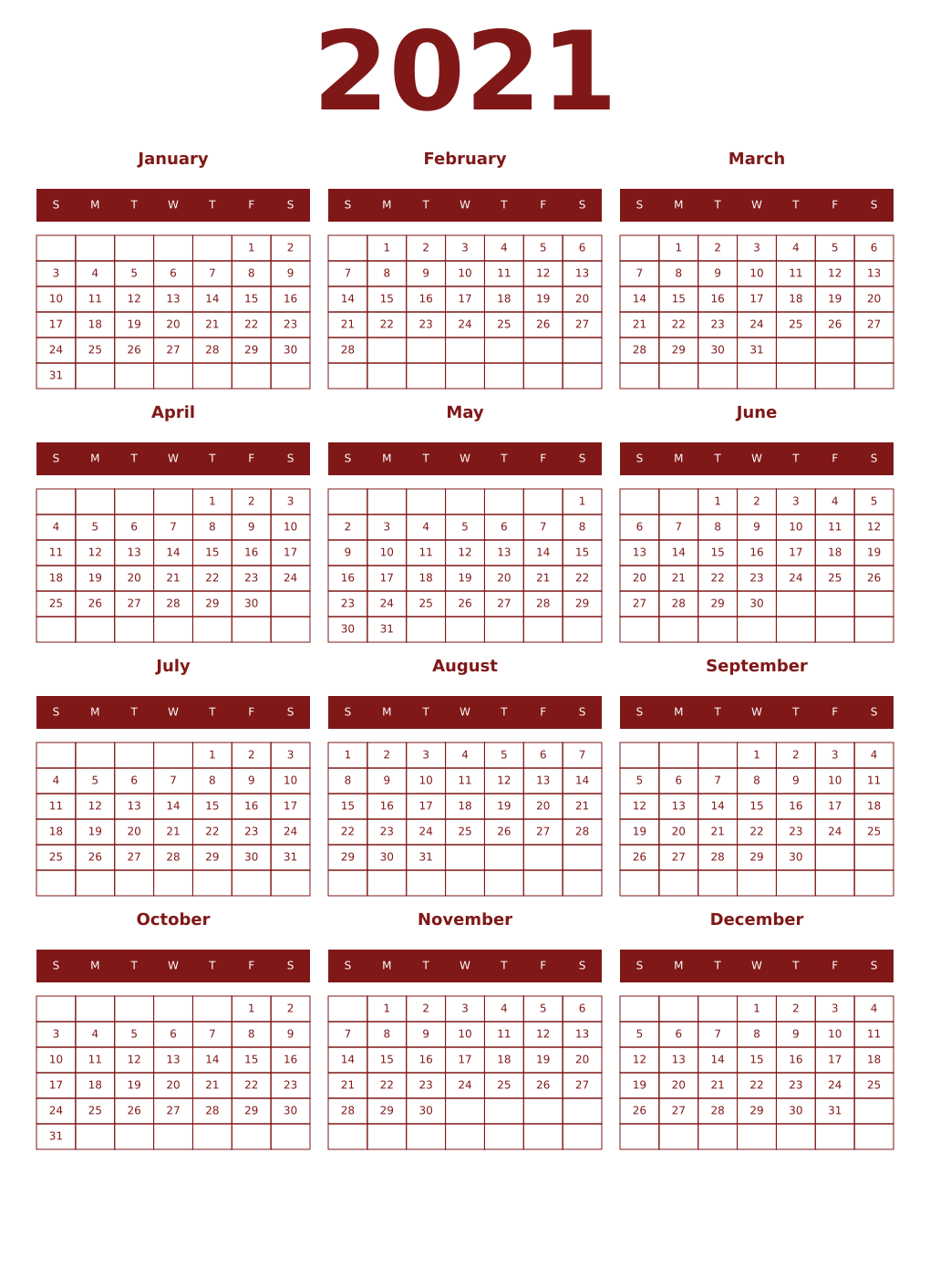 Printable 2021 Year Calendars falu
