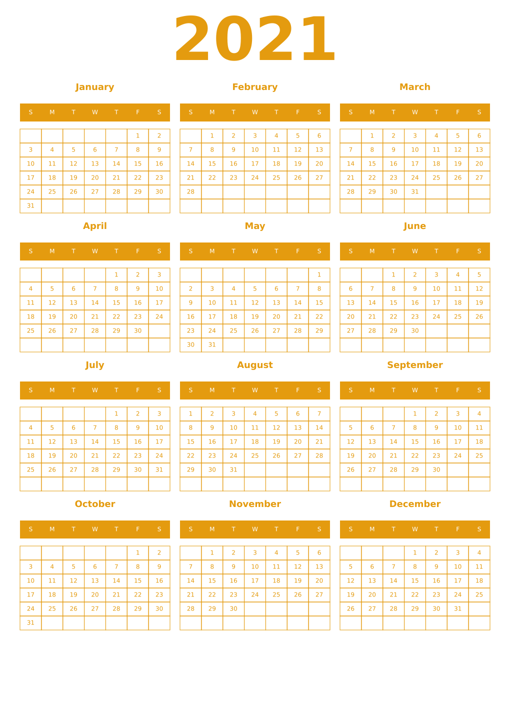 Printable 2021 Year Calendars gamboge