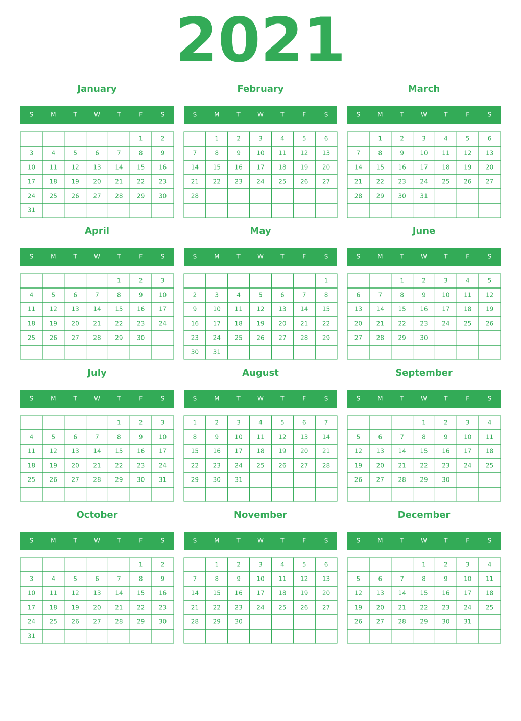 Printable 2021 Year Calendars green