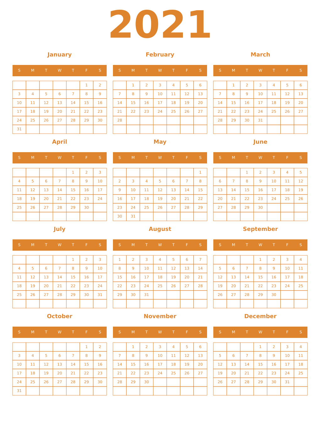 Printable 2021 Year Calendars orange
