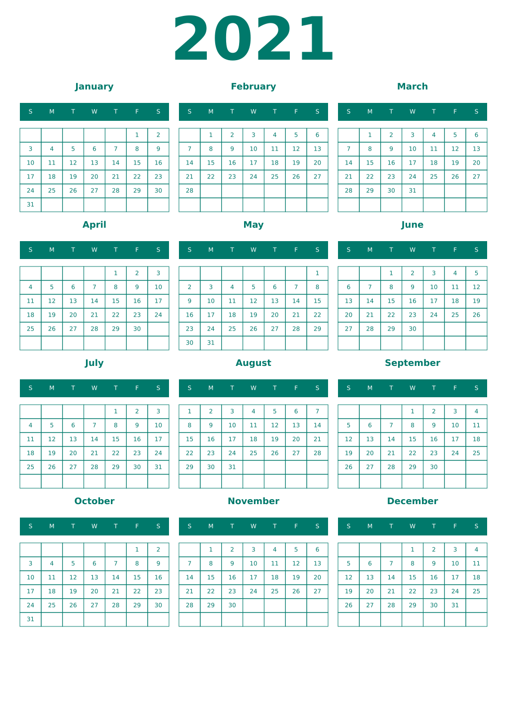 Printable 2021 Year Calendars pastel