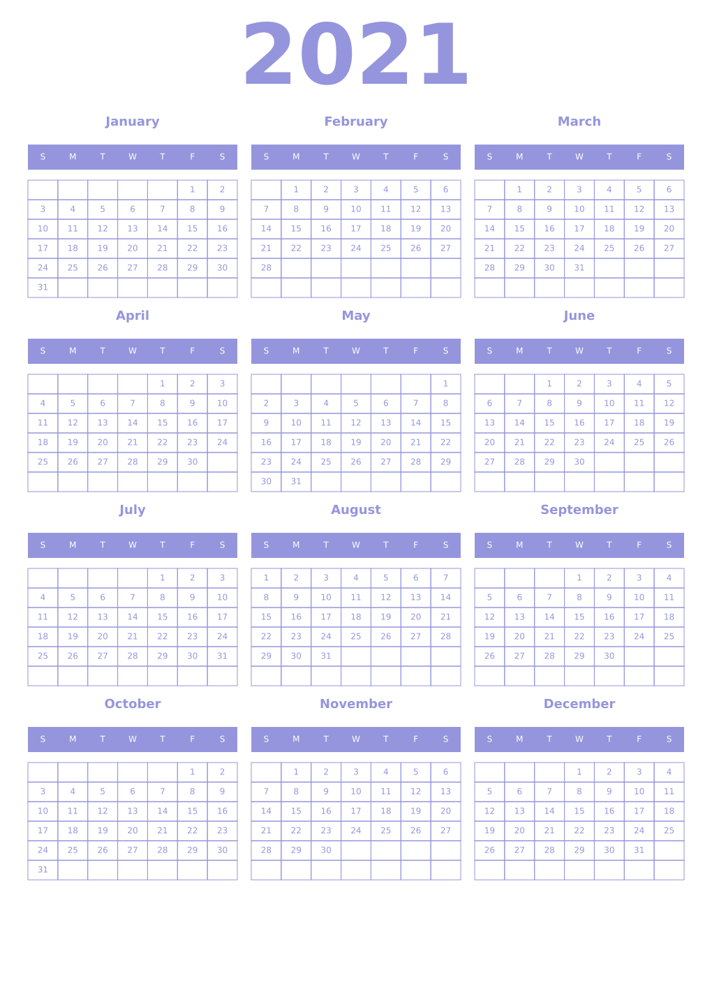 Printable 2021 Year Calendars periwinkle