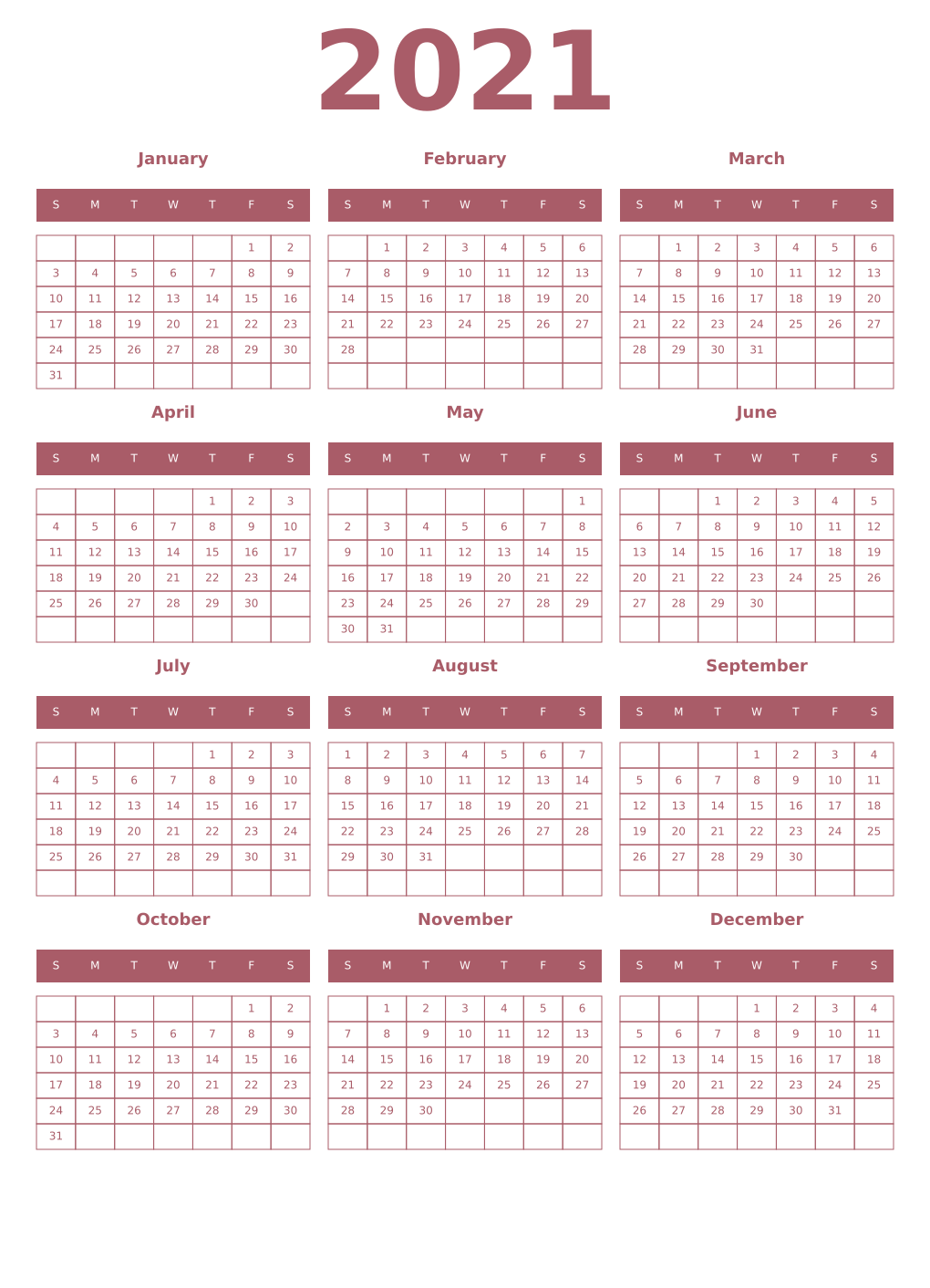 Printable 2021 Year Calendars puce