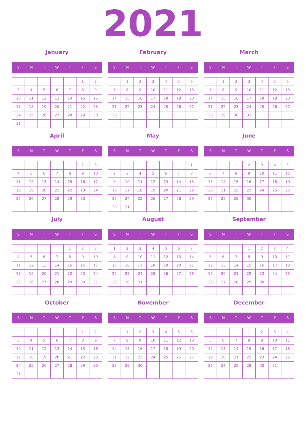 Printable 2021 Year Calendars purple