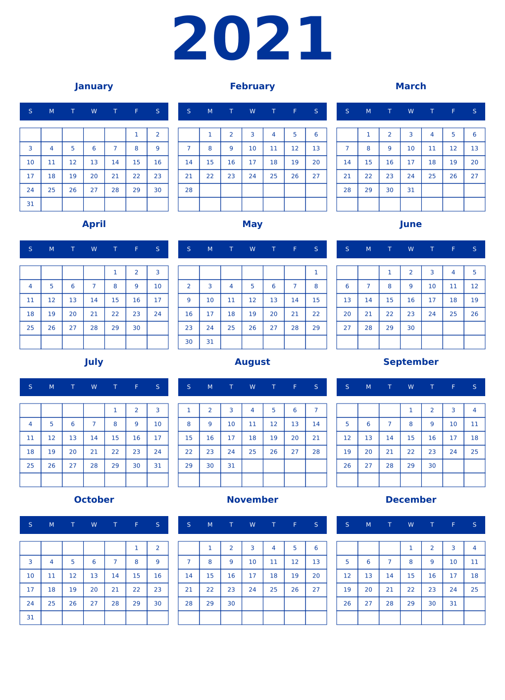 Printable 2021 Year Calendars smalt