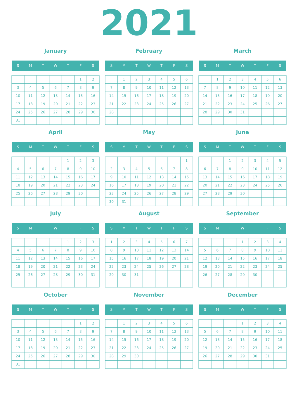 Printable 2021 Year Calendars verdigris