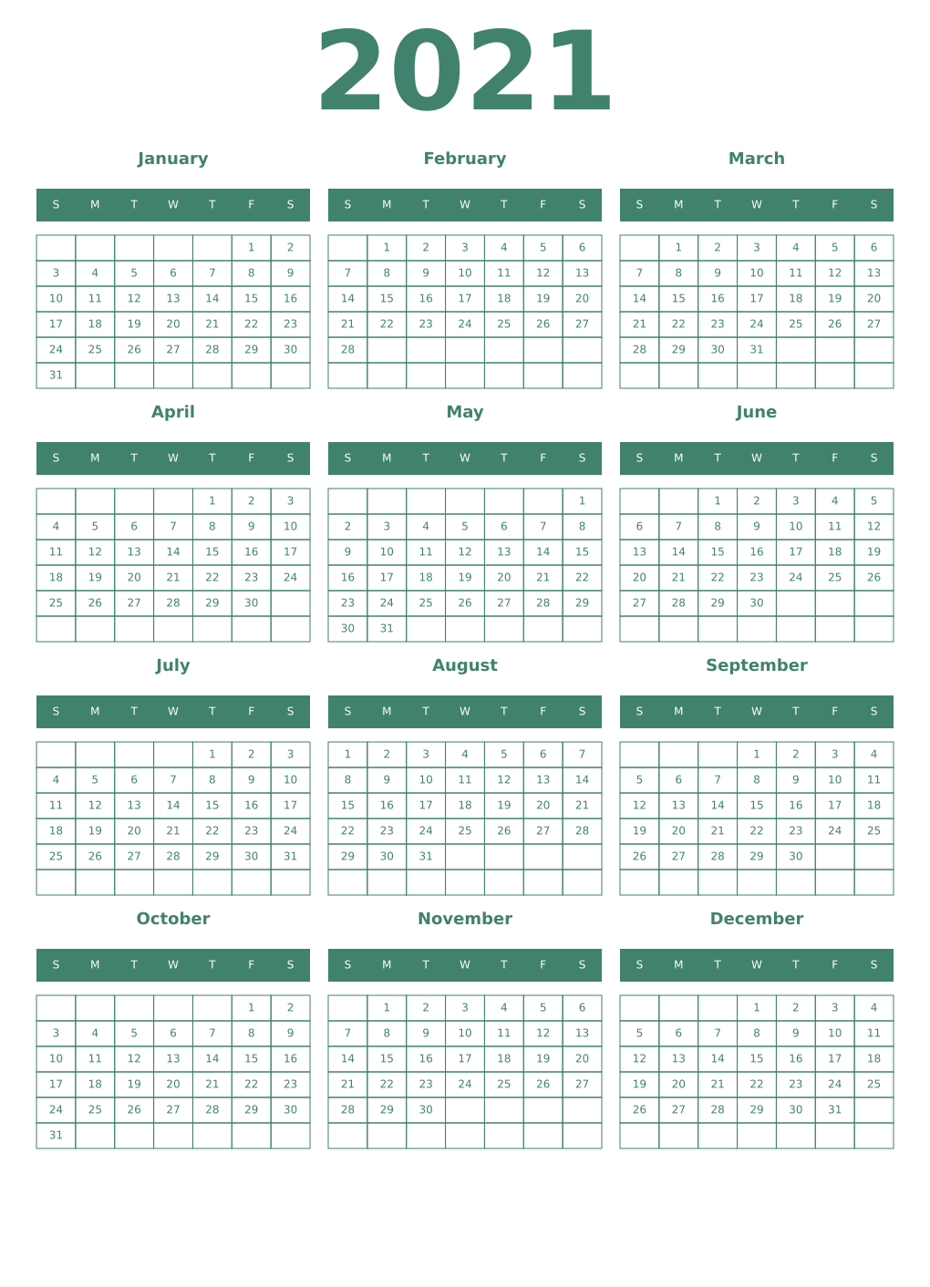 Printable 2021 Year Calendars viridian