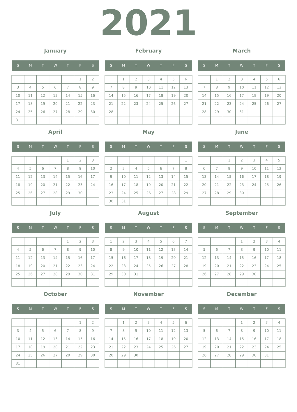Printable 2021 Year Calendars xanadu