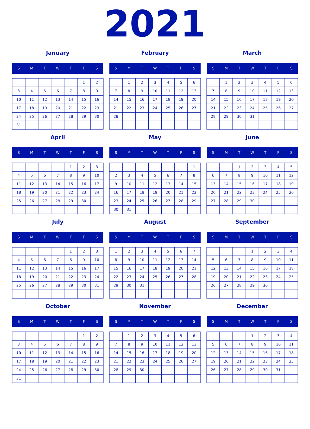 Printable 2021 Year Calendars zaffre