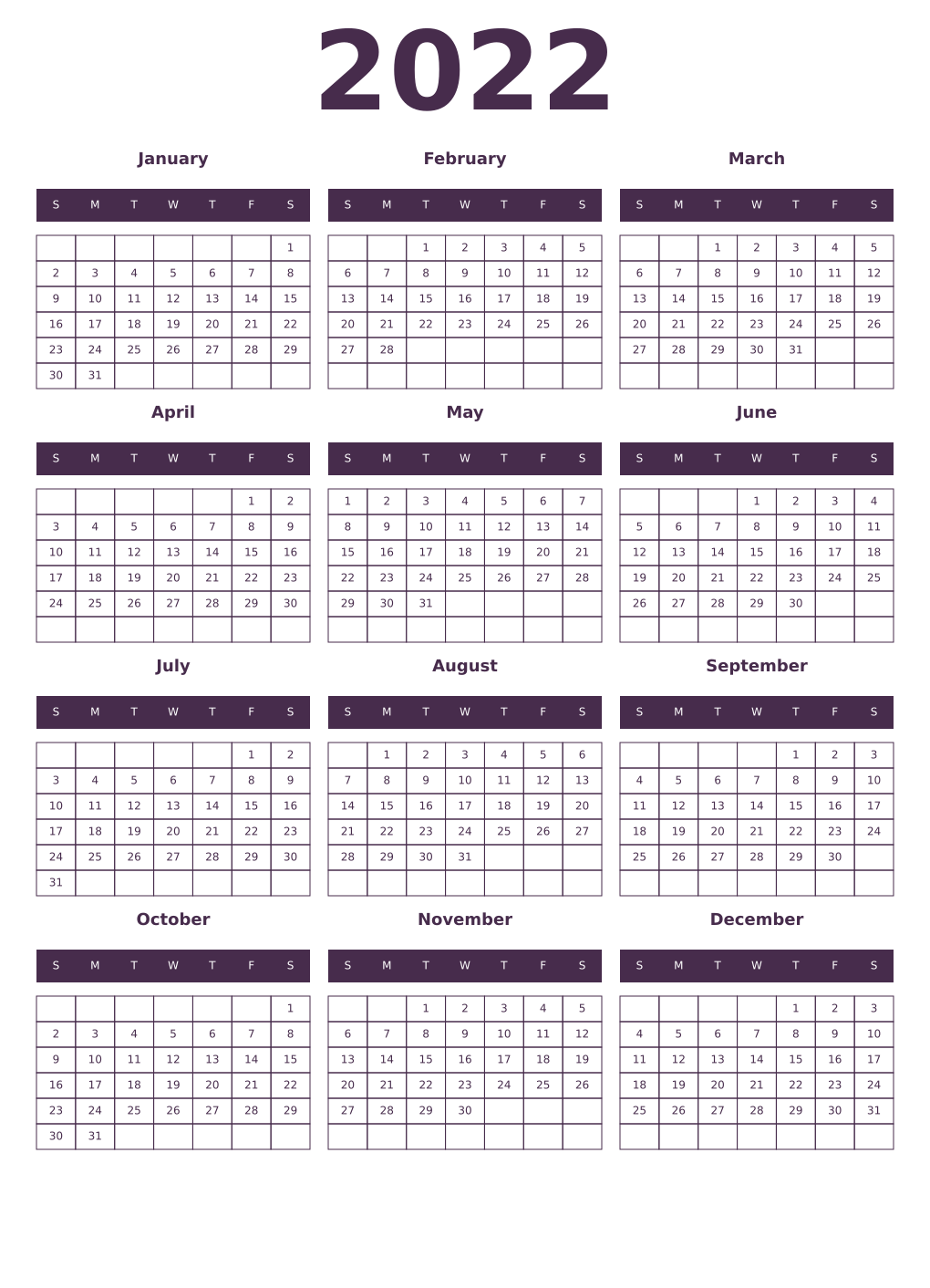Printable 2022 Year Calendars aubergine