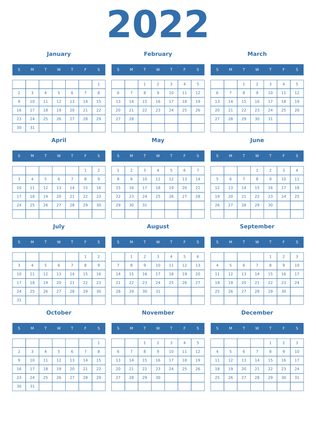 Printable 2022 Year Calendars blue