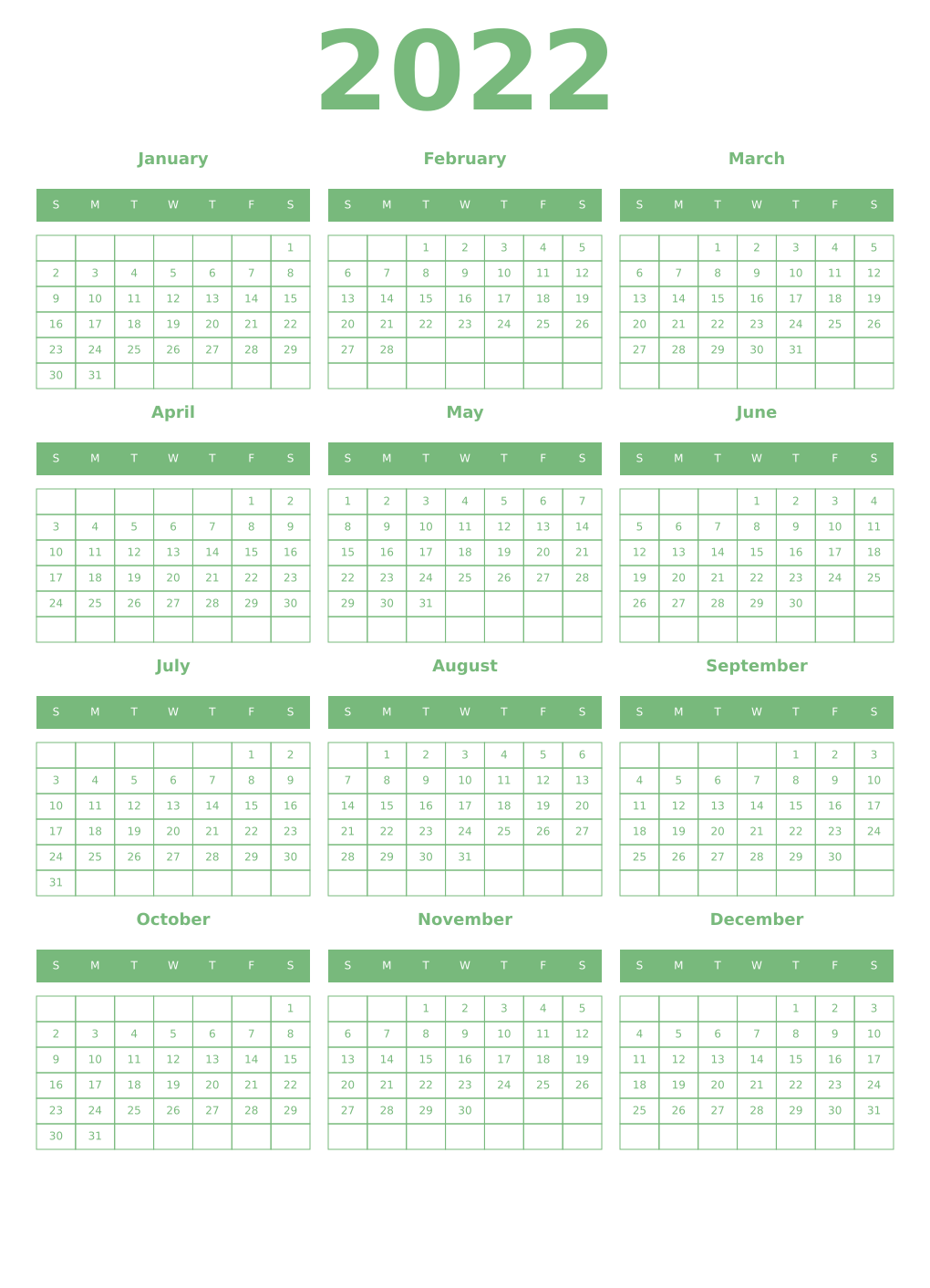 Printable 2022 Year Calendars celadon