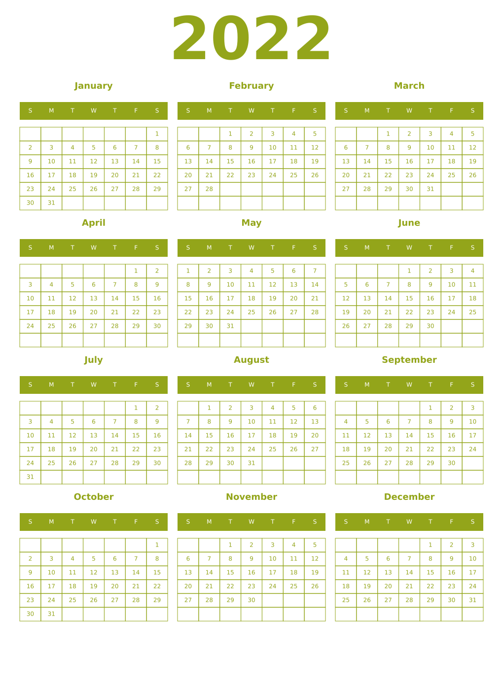 Printable 2022 Year Calendars chartreuse