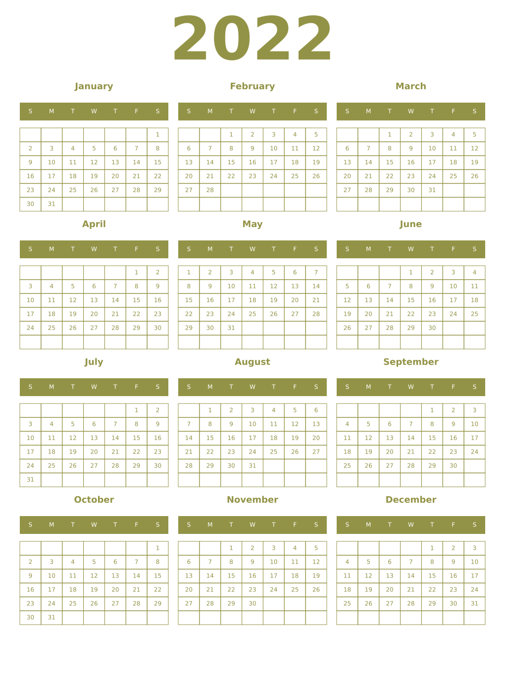 Printable 2022 Year Calendars eburnean
