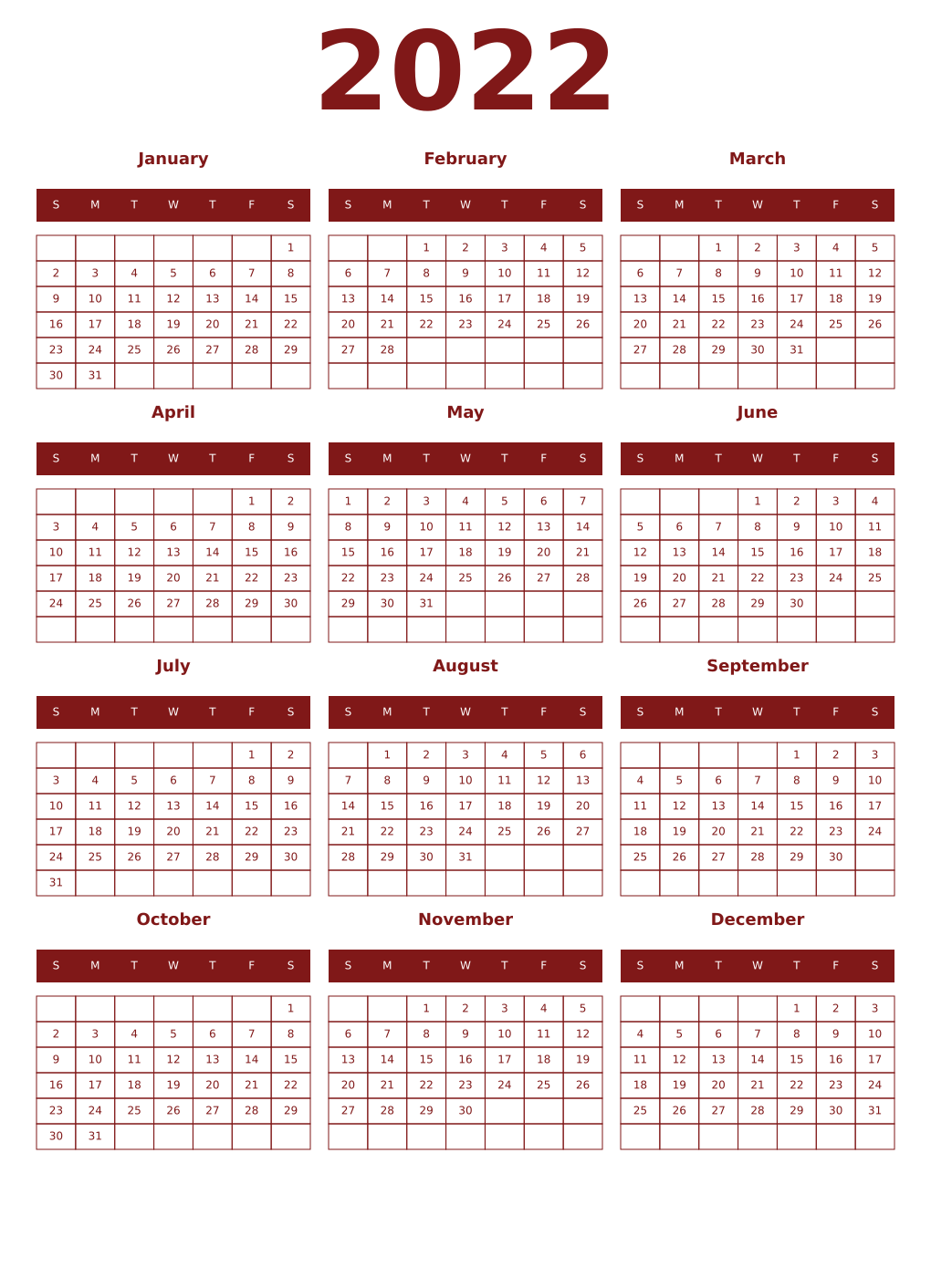 Printable 2022 Year Calendars falu