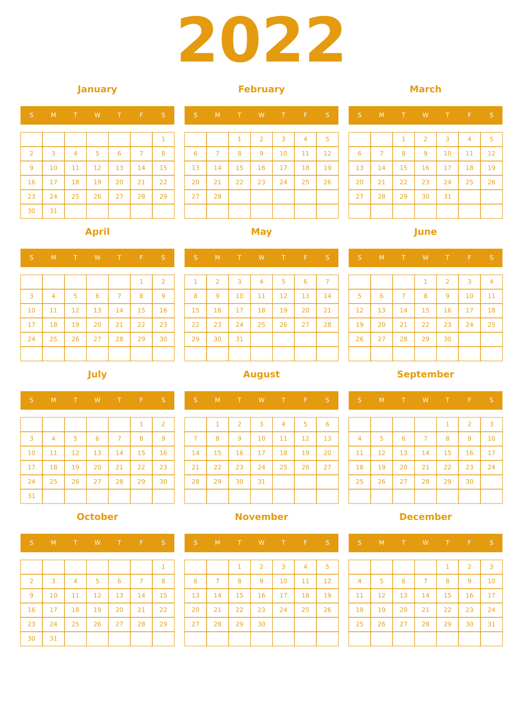 Printable 2022 Year Calendars gamboge