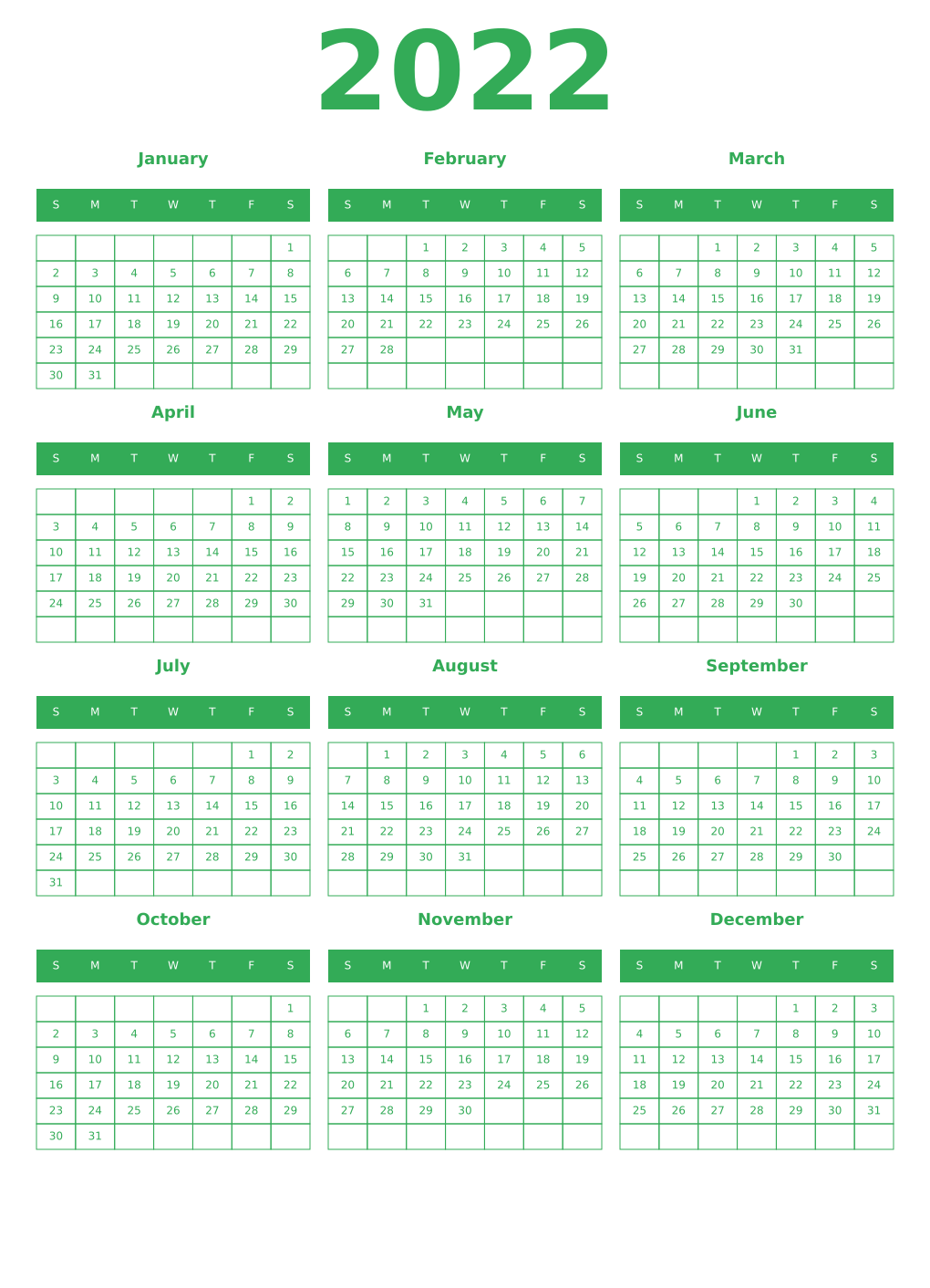 Printable 2022 Year Calendars green